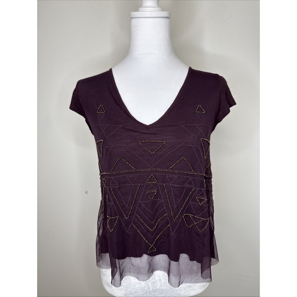 Fairy Grunge Mesh Overlay Beaded Lace Up Blouse Top Womens S Plum Open Back Boho